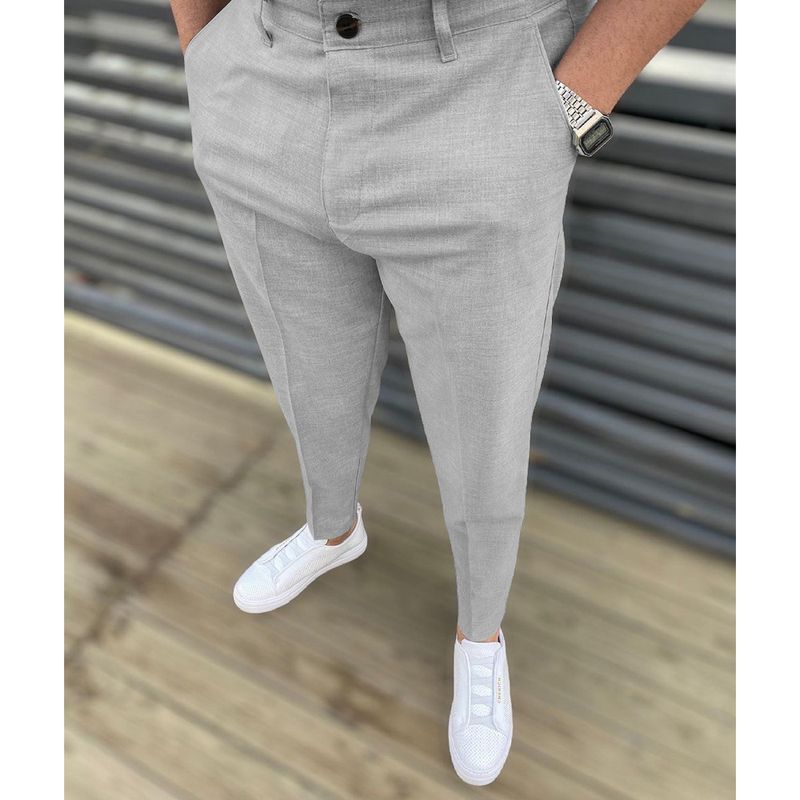 Herrenhose mit mittelhoher Taille und einfarbiger, leicht elastischer Freizeithose_voghion.com