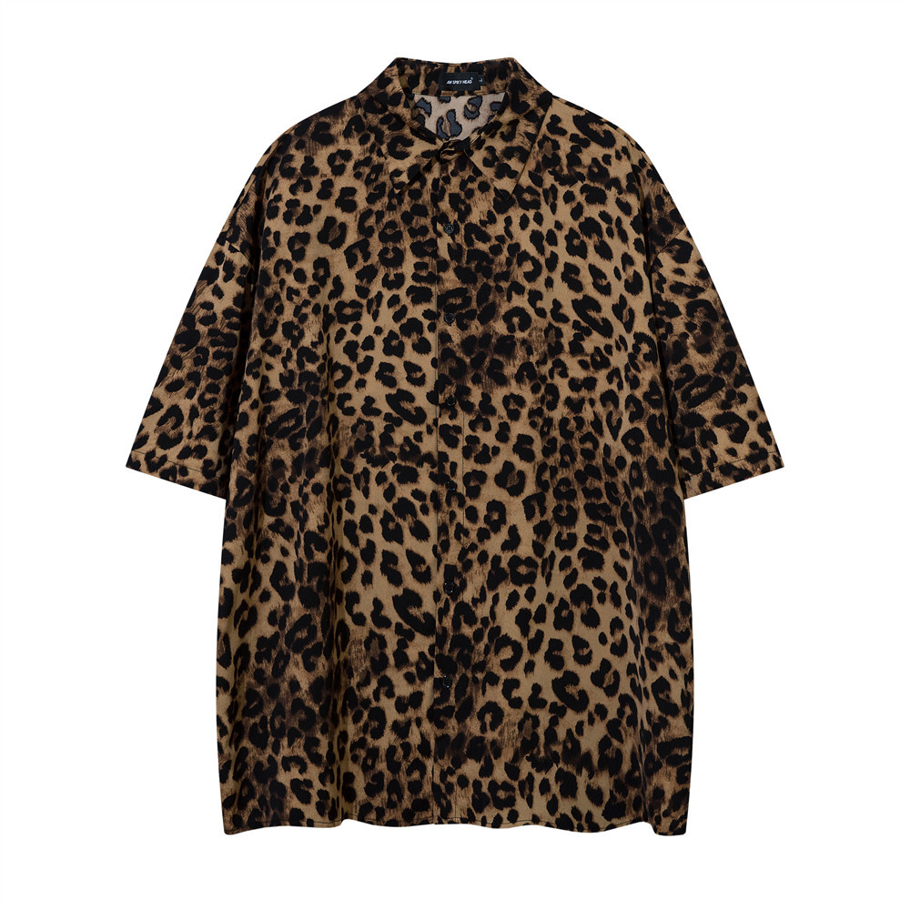 Camicia a maniche corte con stampa leopardata da uomo, stile casual estivo americano da strada, design accattivante, tendenza della camicia cardigan con bottoni larghi_voghion.com