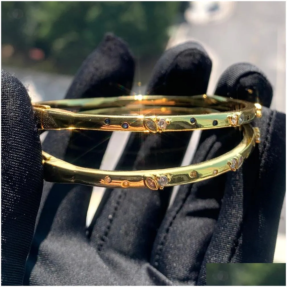 Gold Plated Zircon Bangle Elegant Pink Blue Waterdrop Bracelet_voghion.com