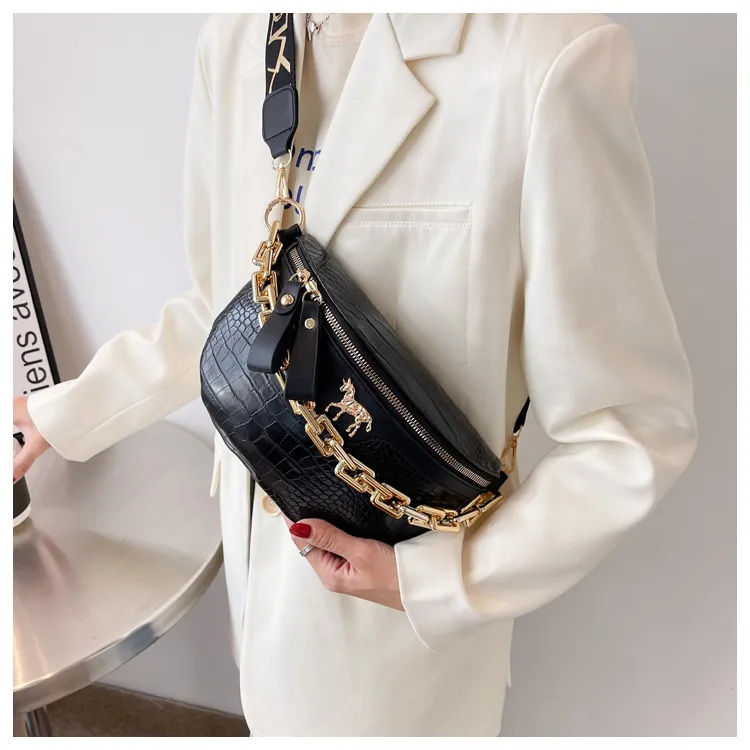 Thick Chain Women's Waist Fanny Pack Fashion Crossbody Chest Bags Female Belt Crocodile Shoulder Bag_voghion.com