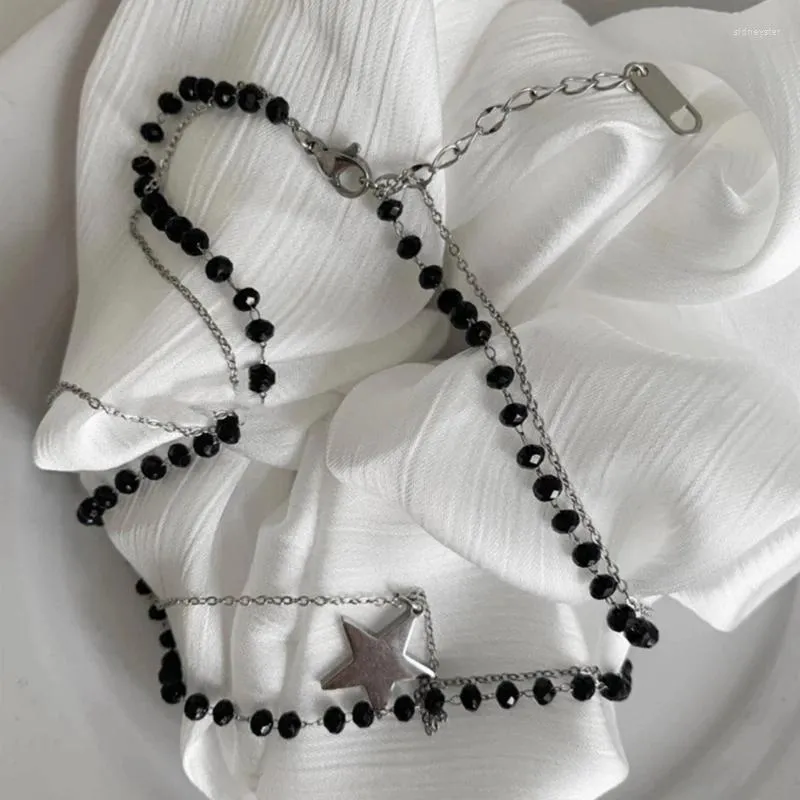 Chaînes Mode Tendance Nich Dsign Double Couche Collier Chaîne Tmpramnt Cristal Noir Badd Inox Stl_voghion.com