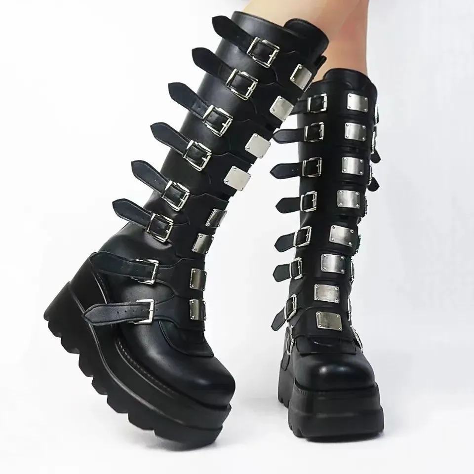 Botas góticas de plataforma até o joelho, estilo punk, pretas, sexy, para motociclistas, lançamento 2023, cosplay de Halloween 2024, sapatos Atos Mujer para mulheres._voghion.com