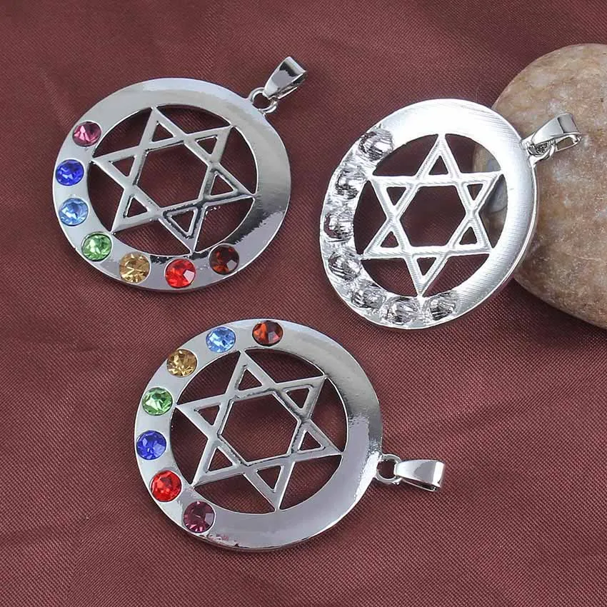 Colliers pendentifs Xinshangmie plaqué argent étoile de David amulette ronde bouclier de protection Reiki 7 cristal strass Chakra_voghion.com