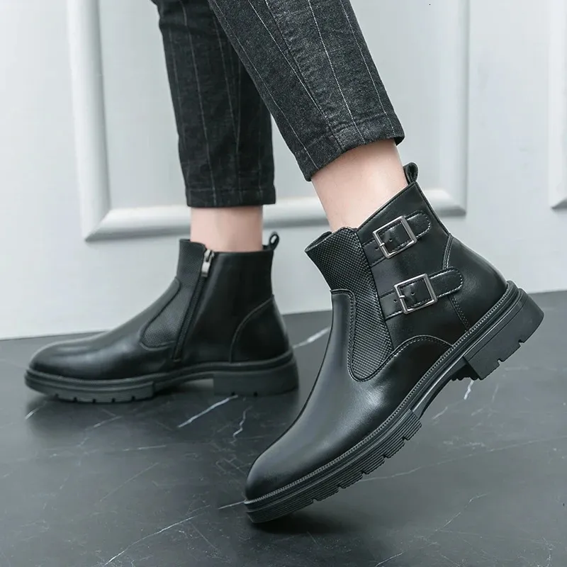 Classic Leather Business Ankle Boots For Men With Double Buckle_voghion.com