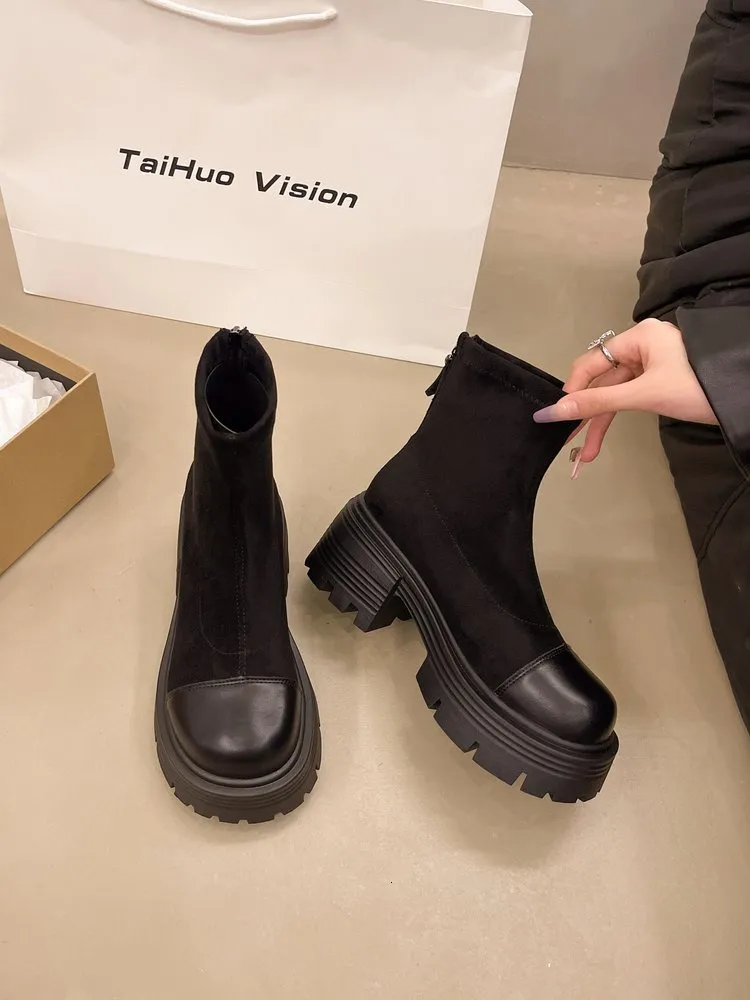 Bottes Martin à plateforme vintage pour femmes, automne 2024, style britannique, nouvelles bottes courtes fines et élastiques, Yangqi Fairy_voghion.com