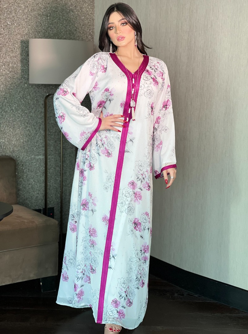 Abbigliamento donna Moda Medio Oriente Nuovo Oro Seta Chiffon Stampa a inchiostro Abito Donna Abaya Stile etnico Arabo Dubai Abito_voghion.com