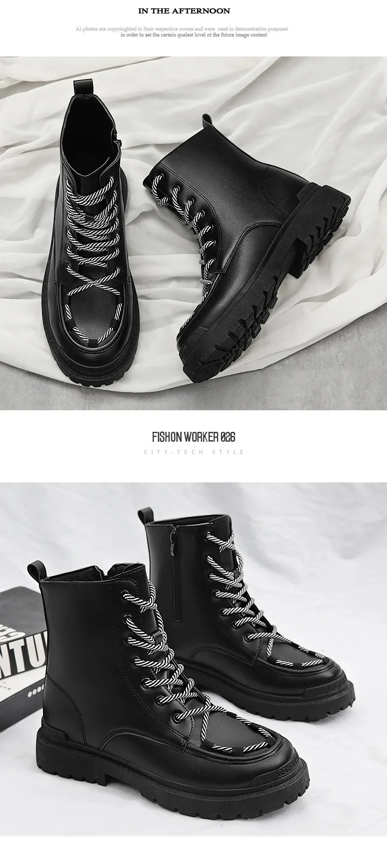 Bottes montantes en cuir pour homme, grandes tailles, pour loisirs, randonnée, travail, tendance, semelle épaisse, antidérapantes, 250425_voghion.com