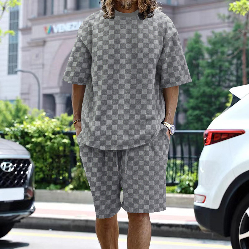 Trendy Men's Jacquard Checkerboard Pattern Spring Summer Loose Sports And Leisure Two-piece Set For Men_voghion.com