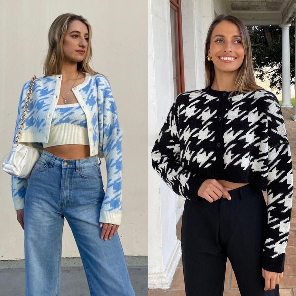 Suéter tipo cárdigan de pata de gallo de manga larga con ombligo descubierto de estilo corto para otoño e invierno para mujer