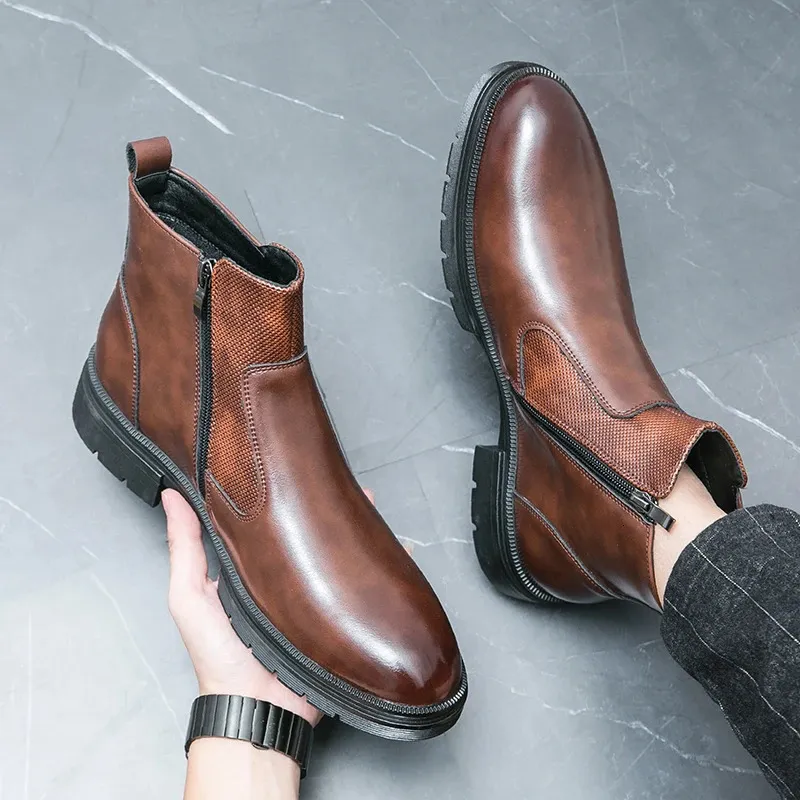 Classic Leather Business Ankle Boots For Men With Double Buckle_voghion.com