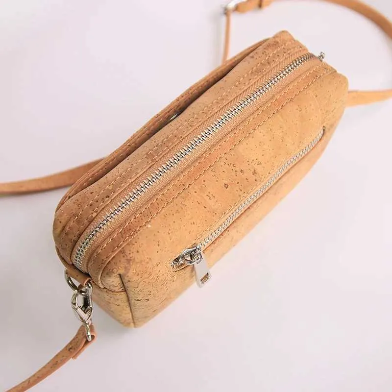 Großhandel Einfarbige Naturkorkentasche Einzelgurt Kleine Größe Reißverschluss Holz Umhängetaschen Frauen Vegan Stilvoll_voghion.com