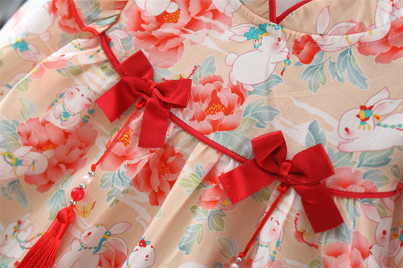 Autumn Newborn Girl Dress Rabbit Print Long Sleeved Dress Chinese Hanfu Style Baby Clothes_voghion.com