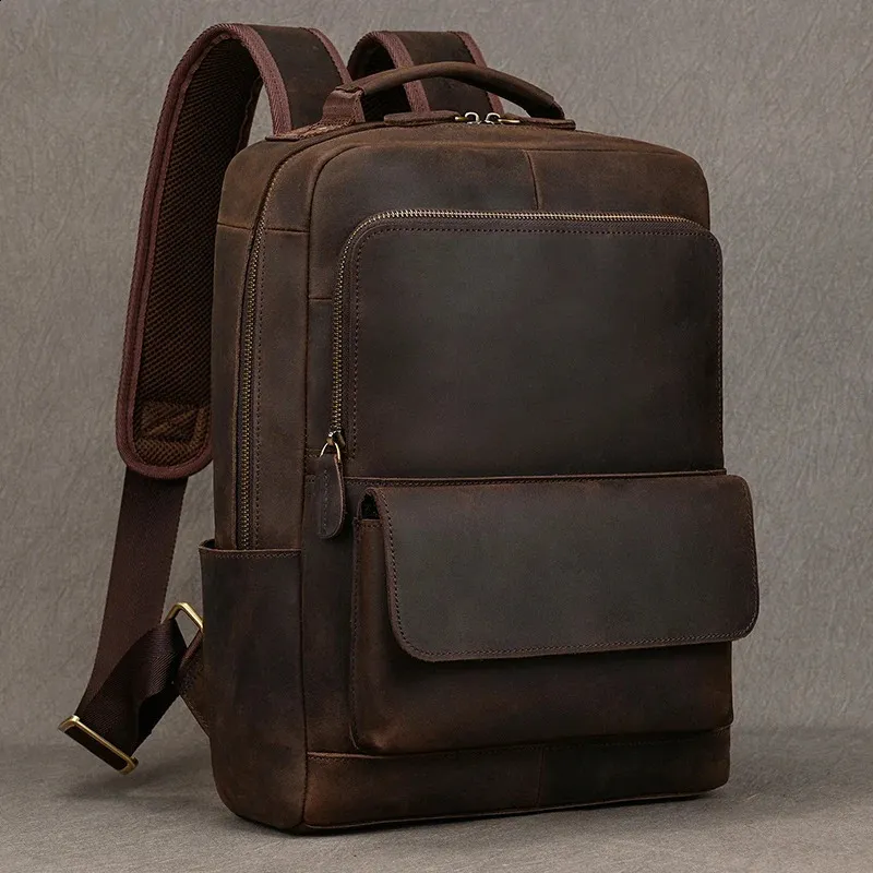 Vintage Crazy Horse Genuine Mans Backpack 14 Laptop Business Women Rucksack Leather School Bag Big Travel Backapack_voghion.com