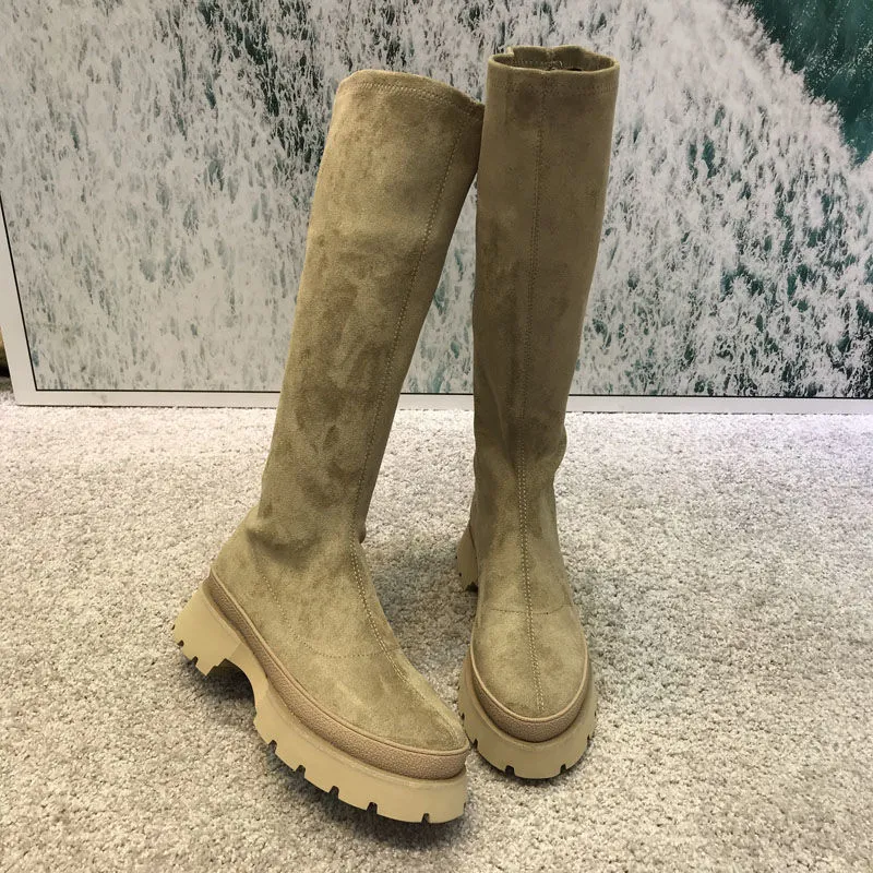 Frauen Herbst Winter Neue Plattform Dünne Ärmel Stretch frauen Runde Kappe Vintage Hohe Stiefel Botas De Mujer_voghion.com