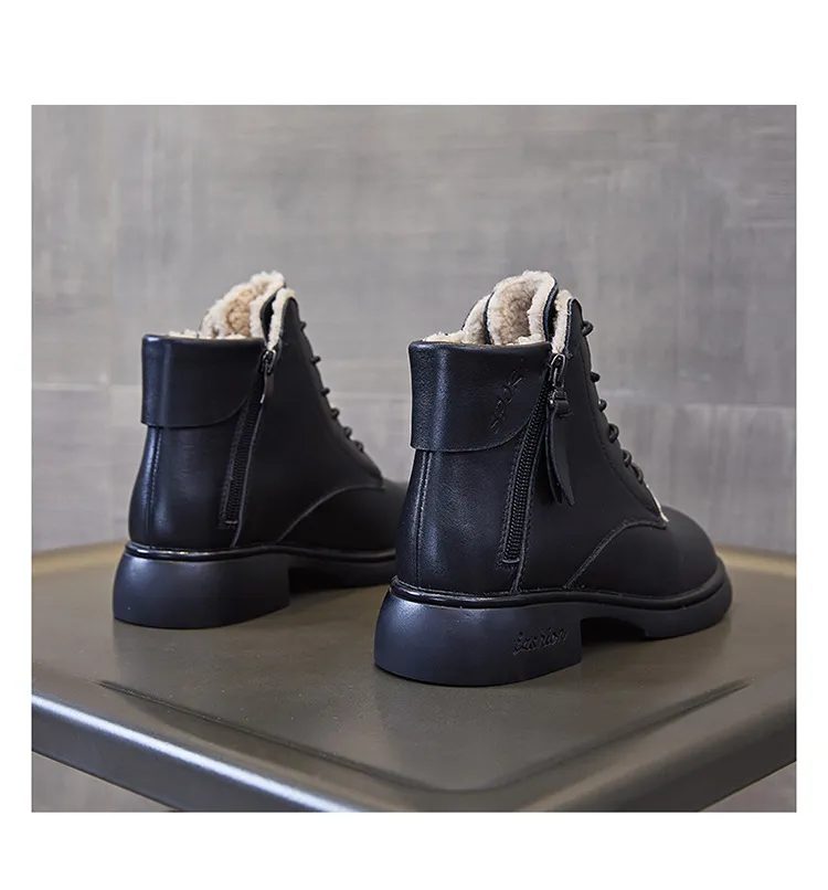 Genuine Leather Round Toe Motorcycle Plush Insulation and Thick Soled Short Boots with British Style Versatility_voghion.com