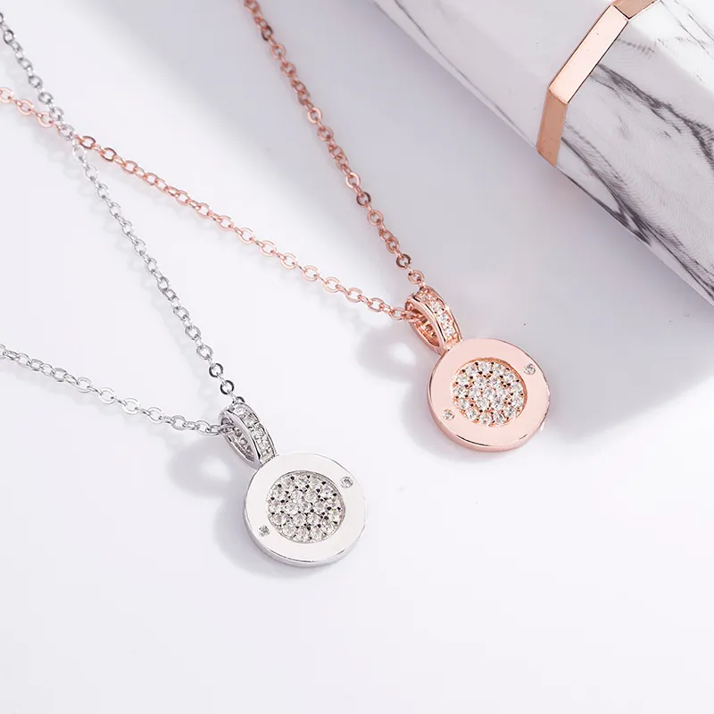 Doppelseitige Halsketten mit rundem Anhänger für Frauen, Roségold, Strass, Sterlingsilber, Chokerhalskette, modische Mädchenparty_voghion.com