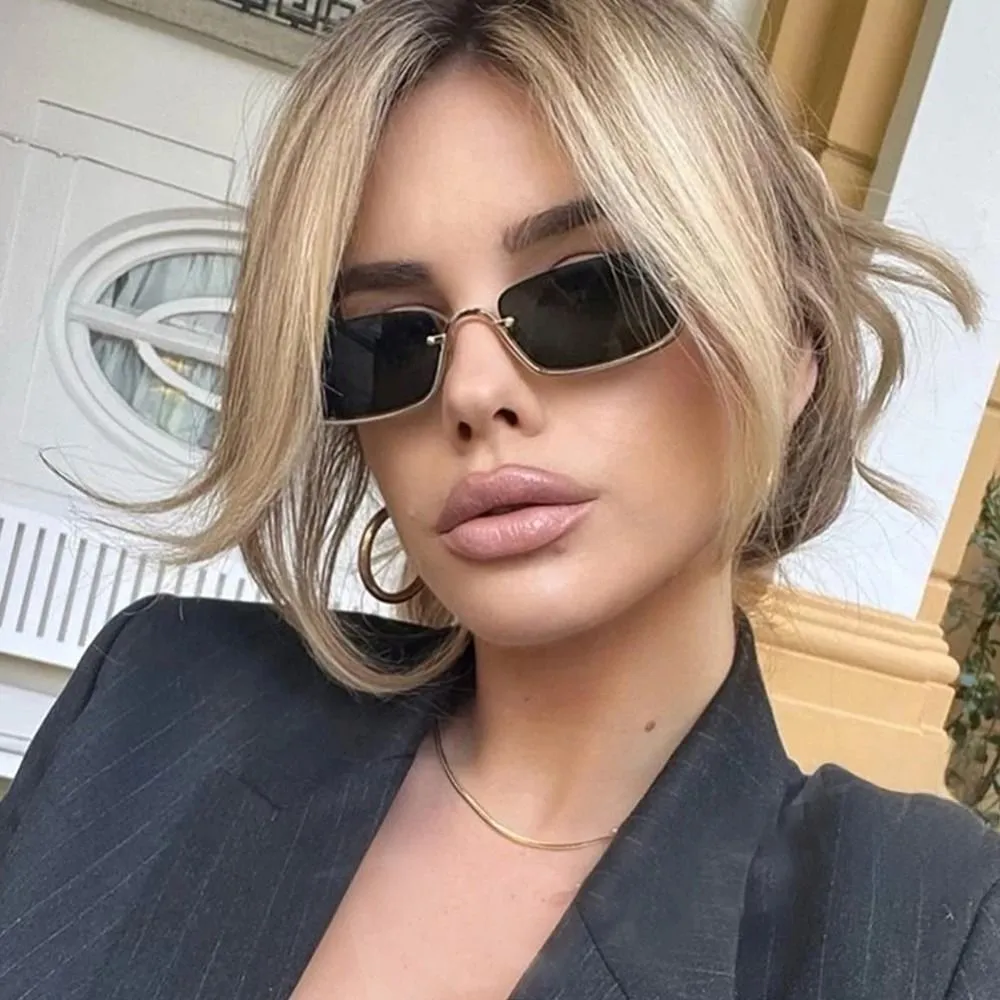 Lunettes de soleil en métal pour femmes, style rétro, hip-hop, vintage, petites, carrées, demi-montures, pour femmes et hommes_voghion.com