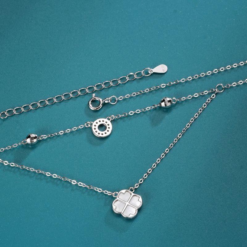 Double Layer Four Leaf Clover Necklace For Women, Niche Design, White Mother Of Pearl Pendant, Internet Celebrity_voghion.com