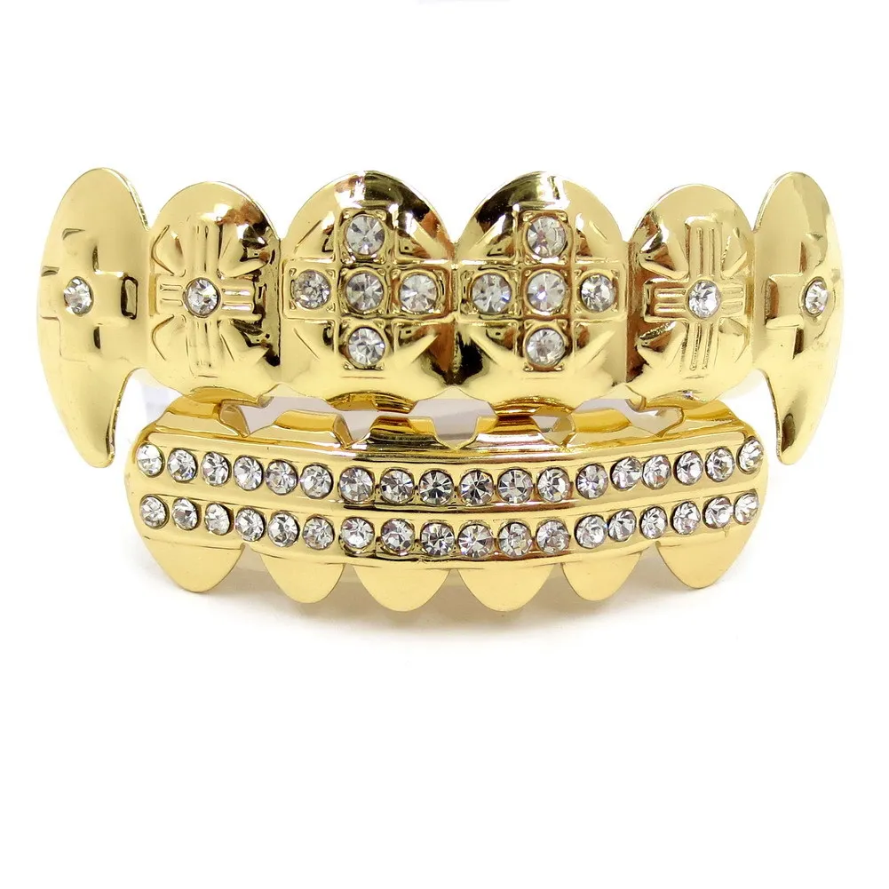 Oikea kulta Vampire Teeth Fang Grillz Punk Hip Hop CZ Cubic Zirkonia Poker Kirjaimet Iced Out Dia Grillit Hammasraudat Hammassuojat_voghion.com