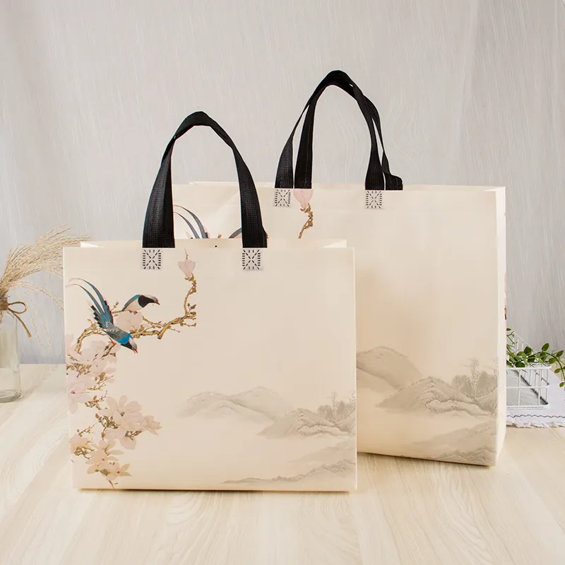 Non-woven Shopping Eco Large Capacity Portable Storage Pouch Flower Bird Print Handbag Reusable Foldable Shoulder Bag_voghion.com