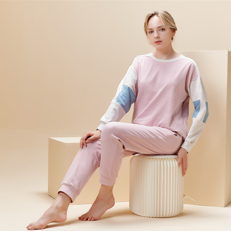 Pigiama da donna con scollo tondo, colore testa a contrasto, caldo e morbido set da indossare per la casa_voghion.com