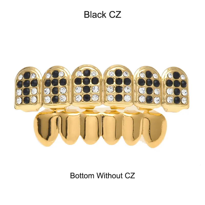 Party Cosplay Hiphop Zubehör CZ Kristall Bio Kupfer Gold Zähne Grillz Kappen oben und unten mit rot schwarz Kreuz Charme_voghion.com