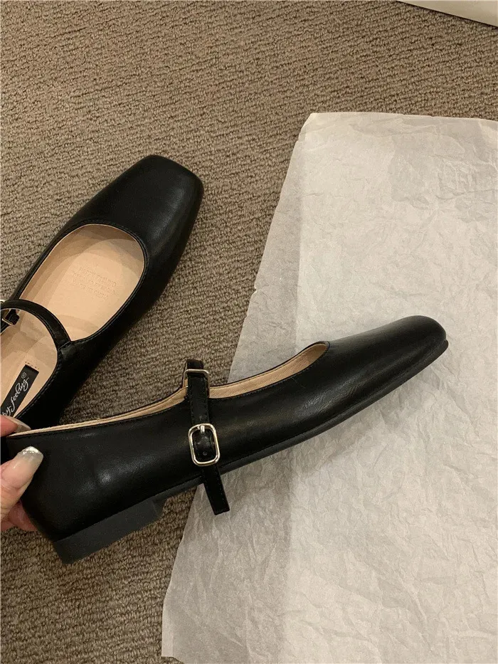 Ballerines tendance pour femmes, mocassins rétro à bout carré en cuir avec lanières, mocassins plats formels 240620_voghion.com