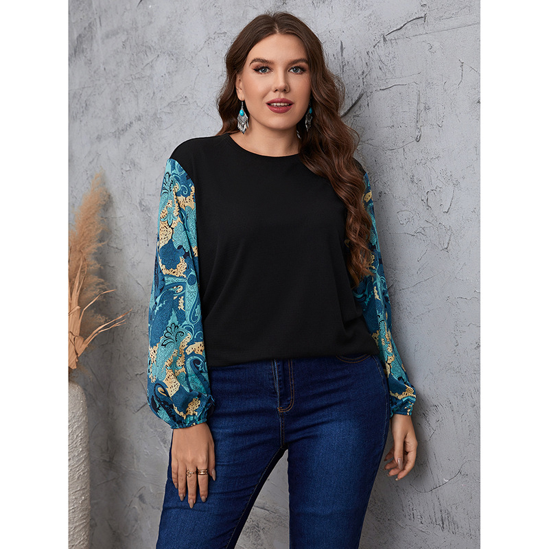 Women's temperament commuting color matching plant lantern sleeve round neck large size shirt_voghion.com