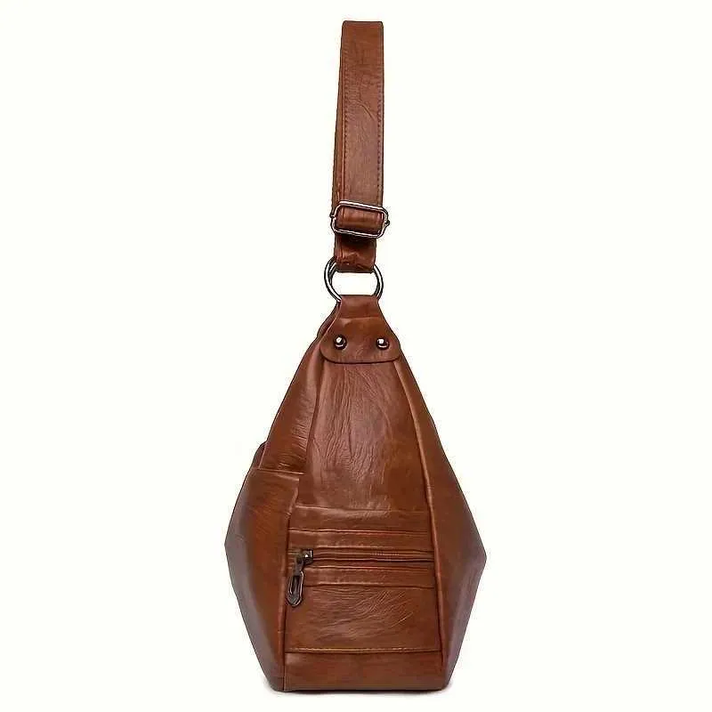 Borsa a tracolla in pelle PU tinta unita casual alla moda di grande capacità retrò Hobo da donna semplice e versatile C241104_voghion.com