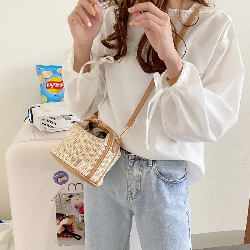 Straw Crossbody Bag For Women 2022 New Bohemian Small Knitting Summer Purse And Handbag Vacational Bucket Beach Bags_voghion.com