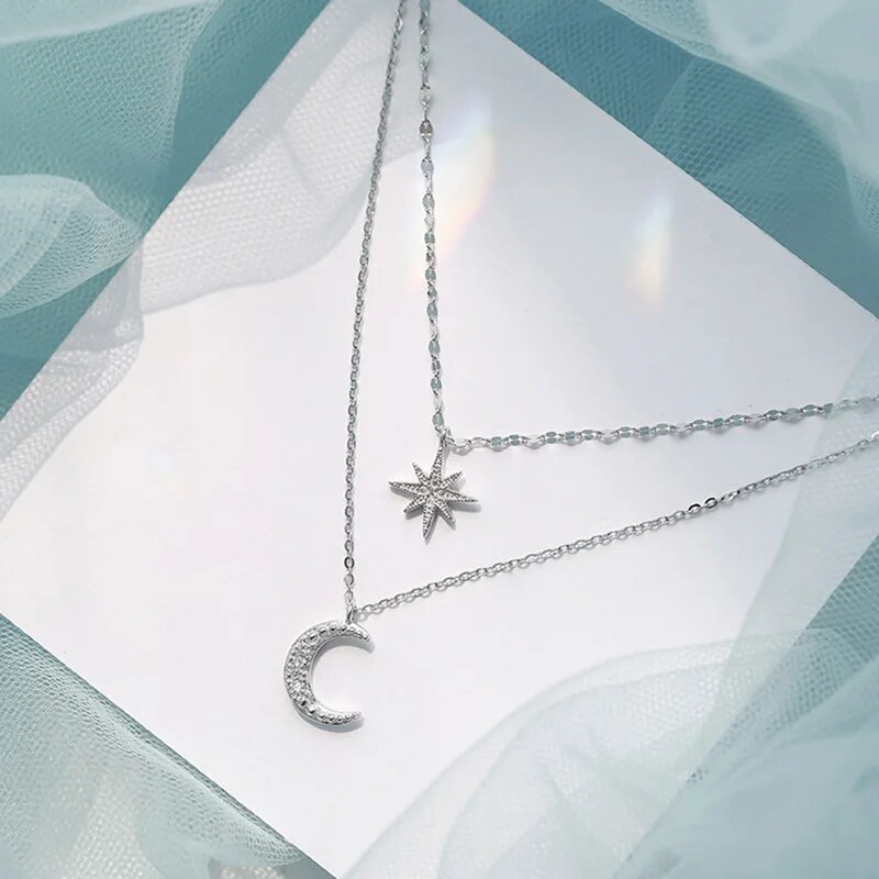 Colier elegant cu lună, stele strălucitoare, pandantiv stratificat, cu cerc, pentru petrecere de ziua de naștere, bijuterii la modă pentru femei_voghion.com