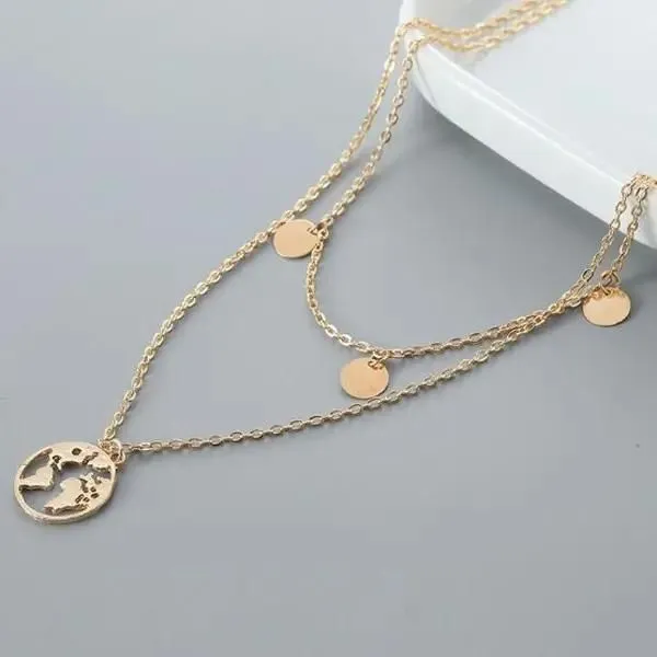 Collar con colgante de mapa del mundo multicapa moda_voghion.com