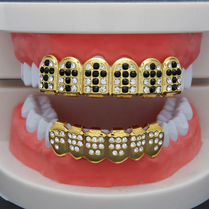 Party Cosplay Hiphop Zubehör CZ Kristall Bio Kupfer Gold Zähne Grillz Kappen oben und unten mit rot schwarz Kreuz Charme_voghion.com
