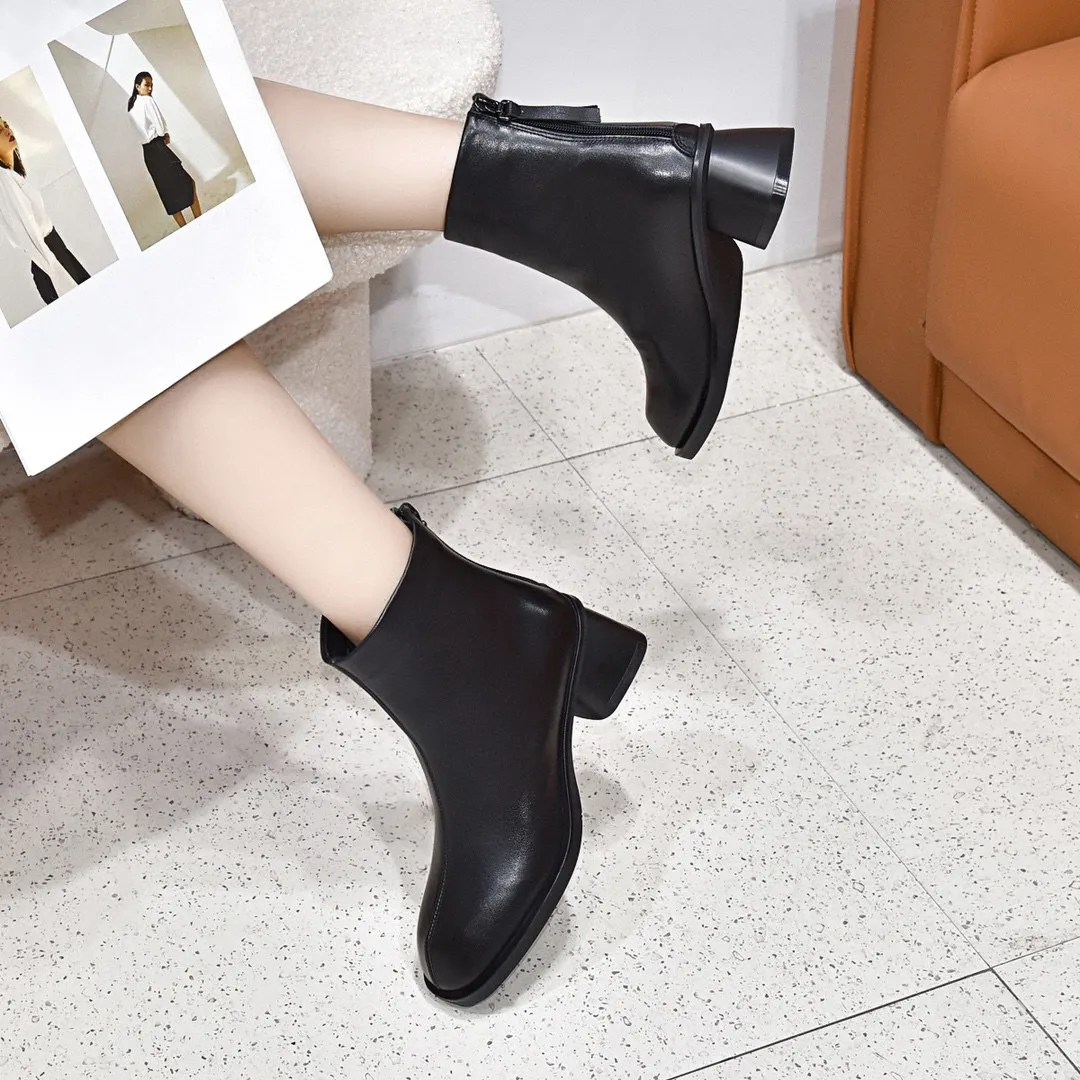 Splicing Genuine Leather Women Ankle Boots Thick High Heels Rear Zipper Decoration Basic Office Lady Shoes Woman Autumn_voghion.com