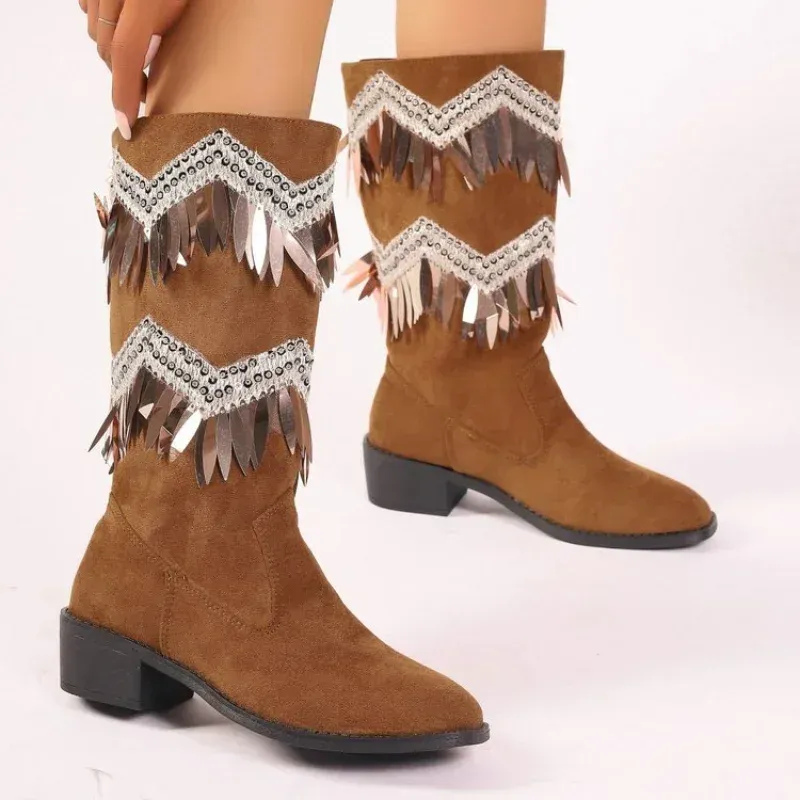 Vintage Quasten Chunky Heels Ritter Frauen Herbst Mode Braun Frau Western Cowboy Stiefel Plus Größe 43_voghion.com