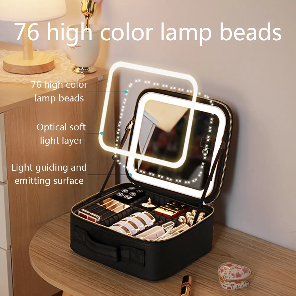 Make Up Pouch With Mirror Travel Makeup Bags Portable Large Capacity Fashi Simple PU Leather Casual For Weekend_voghion.com