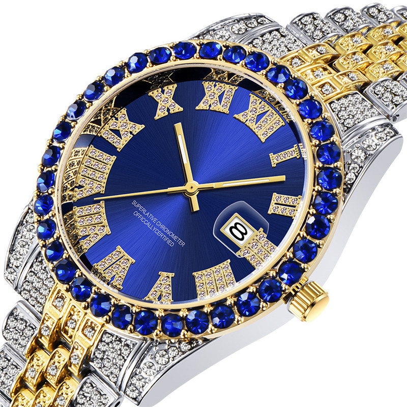 Hip hop Men Brand Full Diamond Alloy Band Date Watch_voghion.com