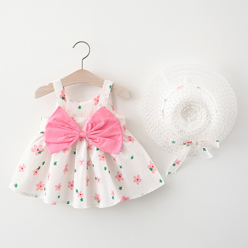 Newborn Girl Summer Tank Top Dress Floral Printed Holiday Style Dress With Bow At The Back Send Hat_voghion.com