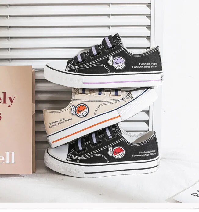 Elastic Band Smiling Face Canvas for Women Summer and Autumn Students Versatile Little White 2024 New One Step Lazy_voghion.com
