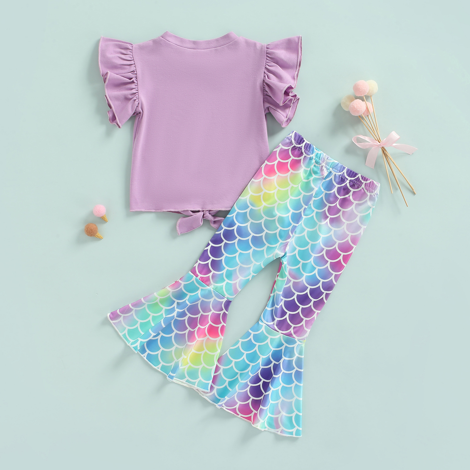 Mother & Kids ins summer girls new suit European and American flying sleeve top fish scale bell-bottom pants two-piece set in stock_voghion.com