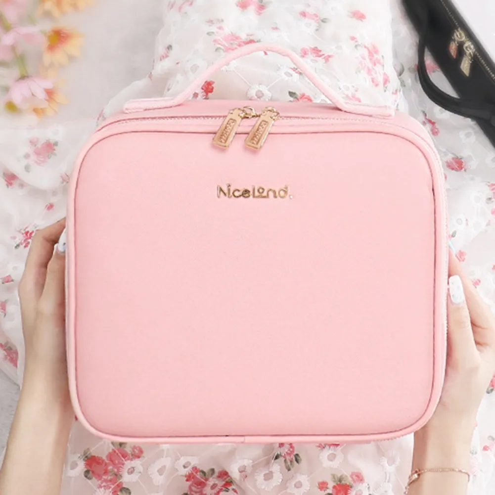 Make Up Pouch With Mirror Travel Makeup Bags Portable Large Capacity Fashi Simple PU Leather Casual For Weekend_voghion.com