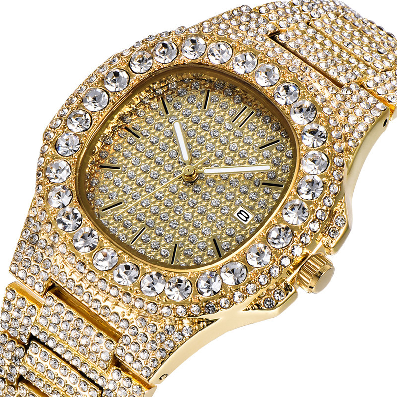 Men's Hip Hop Style Full Diamond Watch With Calendar - Quartz Movement, Square Dial, Stainless Steel Clasp, Fashionable Design For Trendy Men_voghion.com