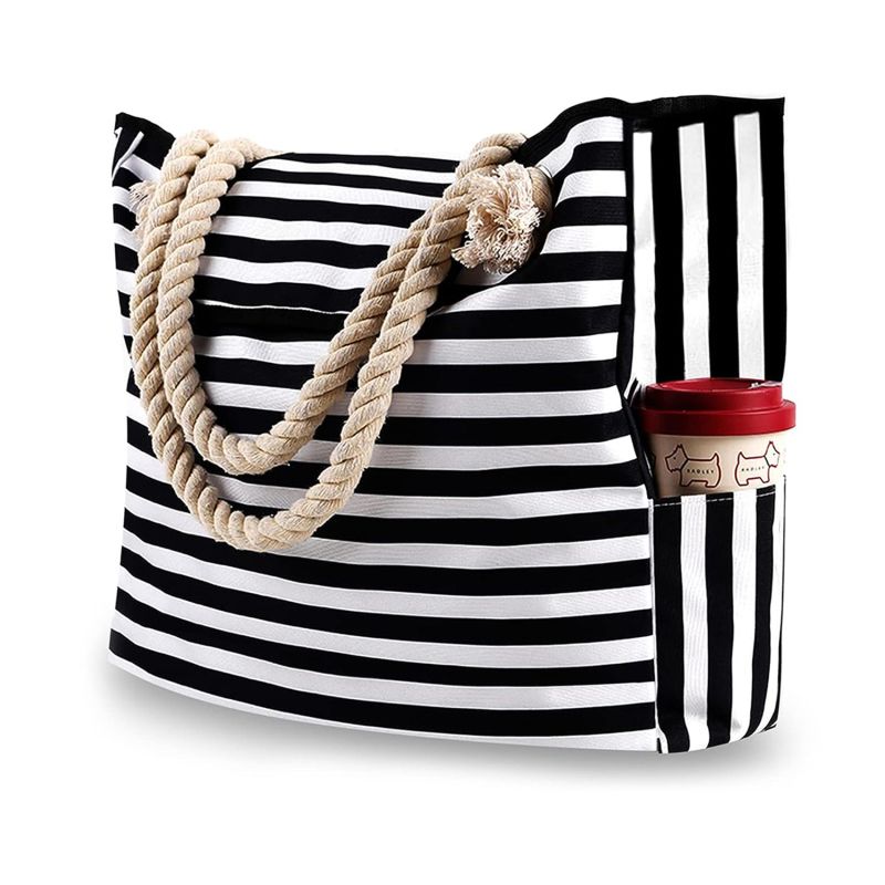 Lässige gestreifte Canvas-Tasche Damen, große Kapazität, Umhängetasche, tägliche Einkaufstasche, Studenten-Büchertasche_voghion.com
