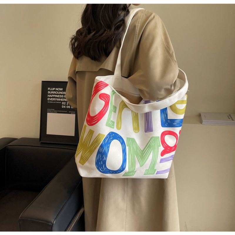 Modische Canvas-Tasche mit farbigem Buchstabenaufdruck und großer Kapazität für die Freizeit_voghion.com
