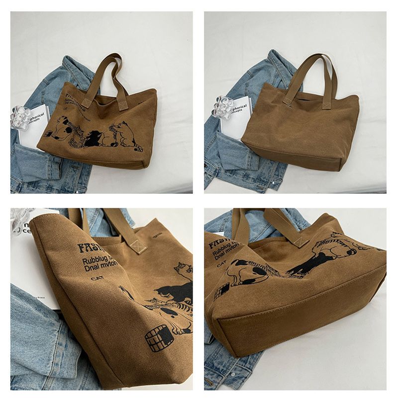 Große Tragetasche für Damen zum Einkaufen, Aufbewahren, Pendeln, Canvas-Handtasche, Cartoon-Katzen-Aufdruck, tragbare_voghion.com