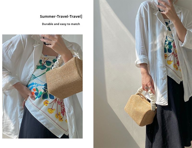 Sommer Gras Gewebt für Frauen 2024 Neue Mädchen Falten Kontrast Handheld Quadrat Vielseitig Straddle Tasche Trendy_voghion.com