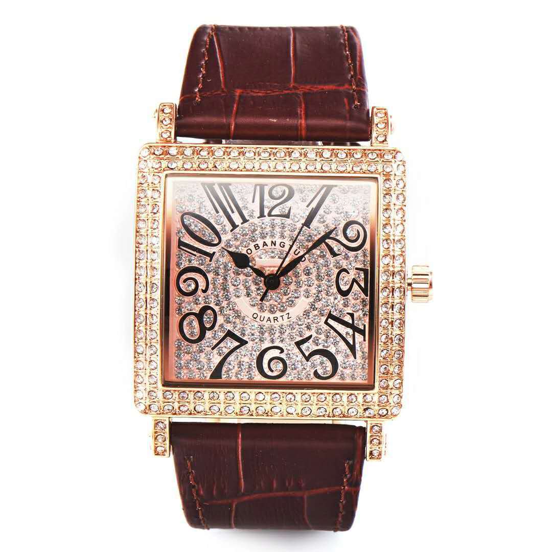 Orologio al quarzo da studente di moda versatile con scala digitale da donna in oro rosa con diamanti quadrati pieni_voghion.com