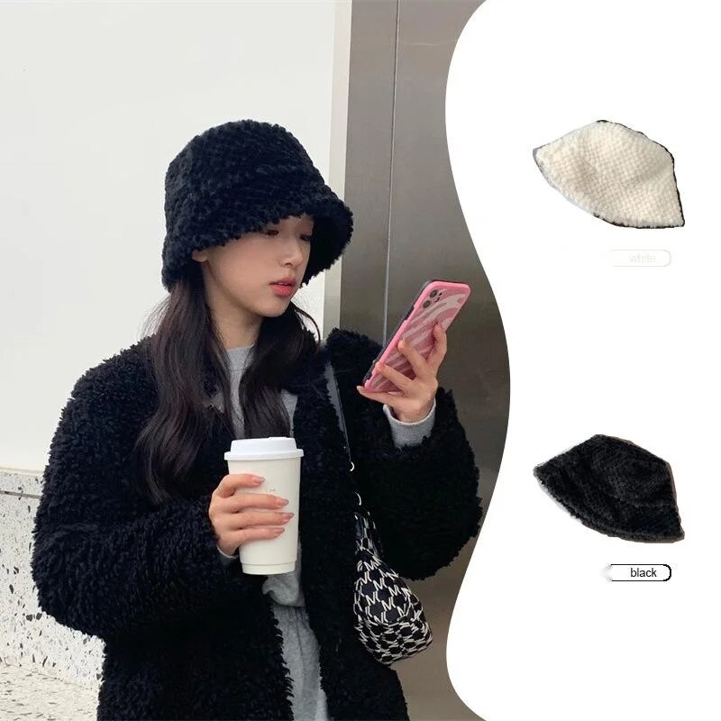 New Lamb Hair Fisherman Children: Versatile Autumn Showcasing Face, Small for Winter, Thickened and Warm Plush Pot Hat_voghion.com