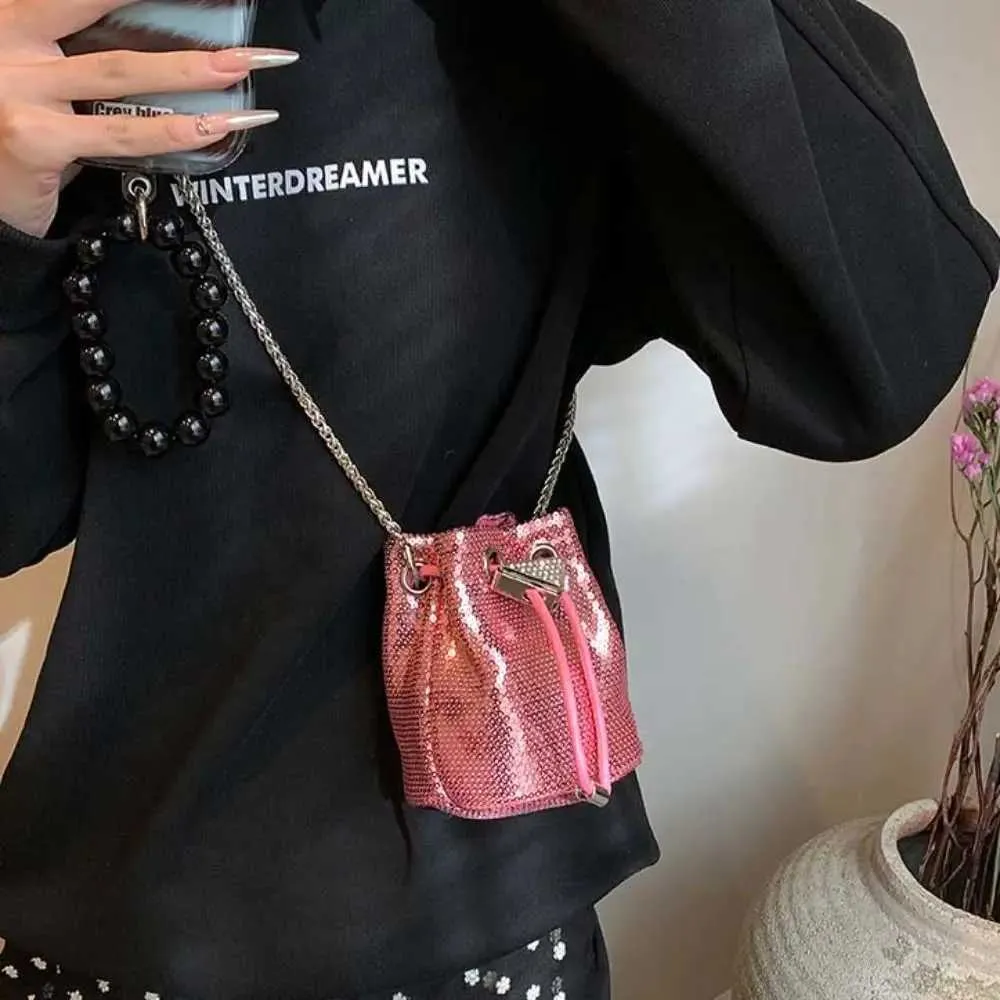 Portable Rhie Glitter Bucket Sequin Crossbody Mobile Phone Bag Mini Chain Coin Purse GirlsC241217_voghion.com