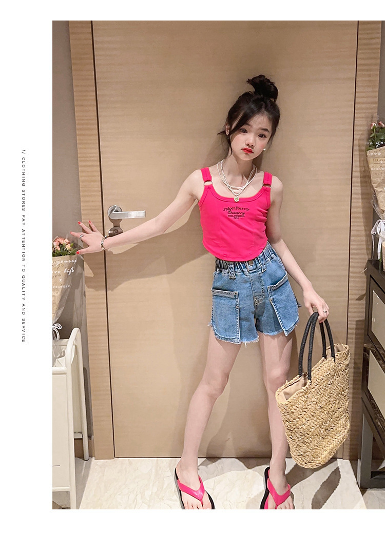 Mutter & Kinder Mädchen sommer chic neckholder-hipster kinder sommer lässig brief denim shorts Spice Girls zwei-stück set_voghion.com